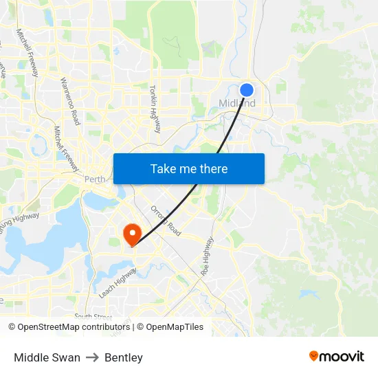 Middle Swan to Bentley map