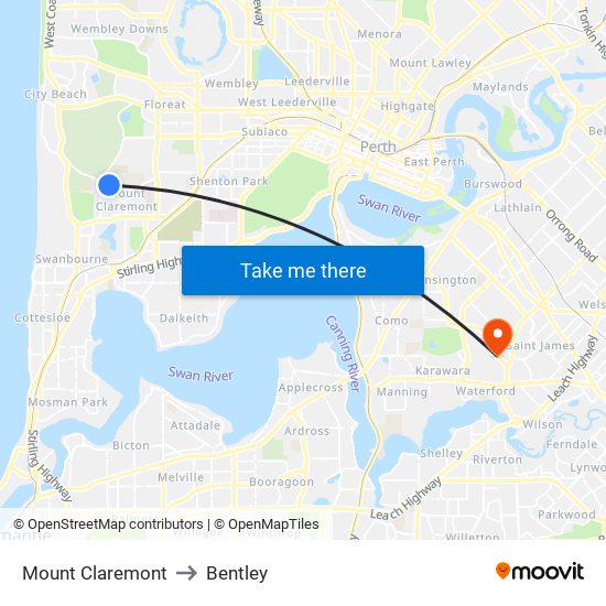 Mount Claremont to Bentley map