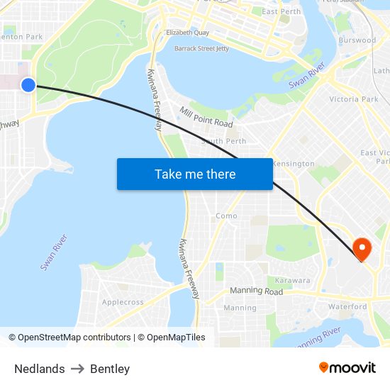 Nedlands to Bentley map