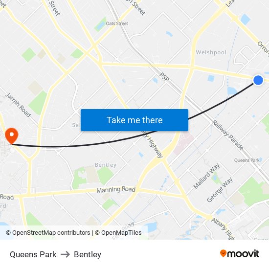 Queens Park to Bentley map