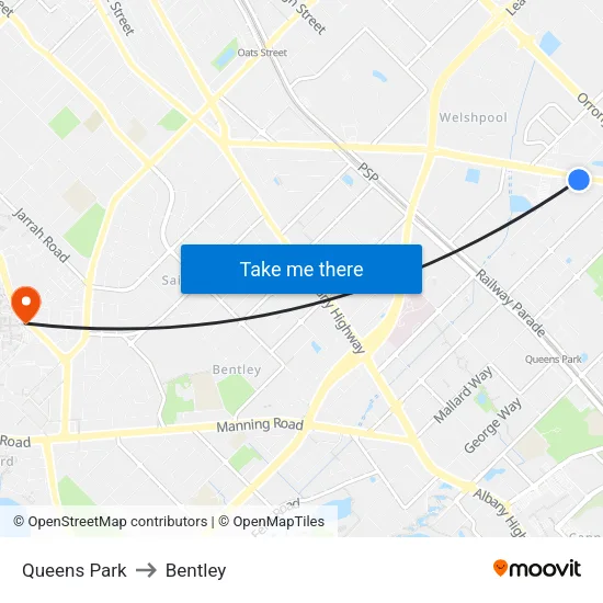 Queens Park to Bentley map