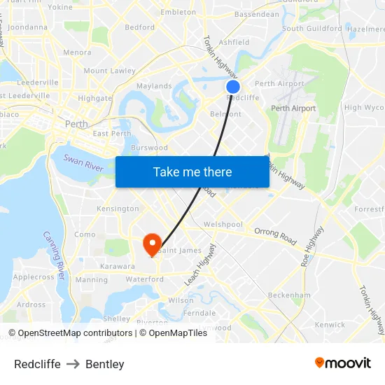 Redcliffe to Bentley map