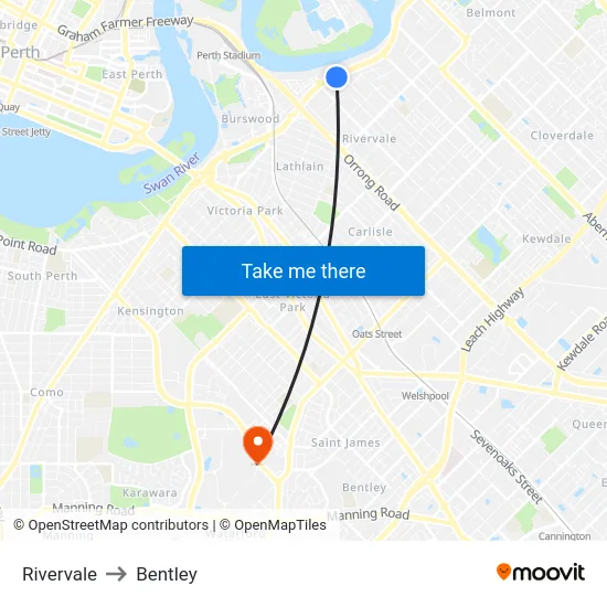Rivervale to Bentley map