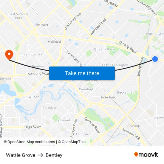 Wattle Grove to Bentley map