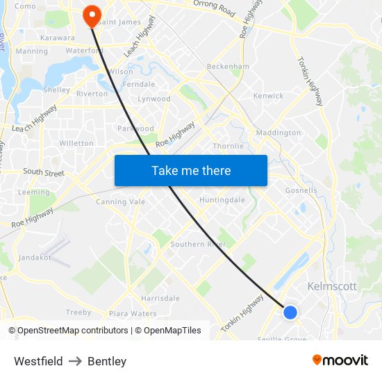 Westfield to Bentley map