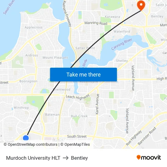 Murdoch University HLT to Bentley map