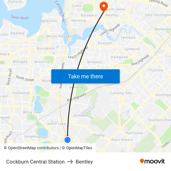 Cockburn Central Station to Bentley map