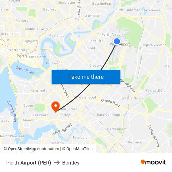 Perth Airport (PER) to Bentley map