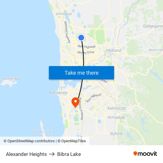 Alexander Heights to Bibra Lake map