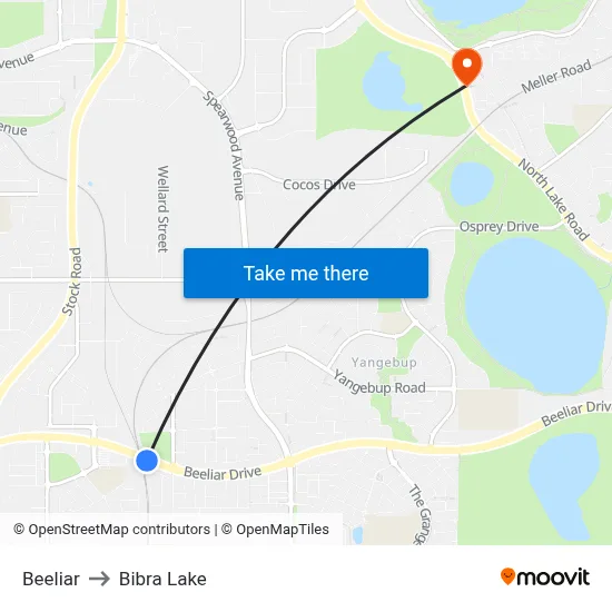 Beeliar to Bibra Lake map