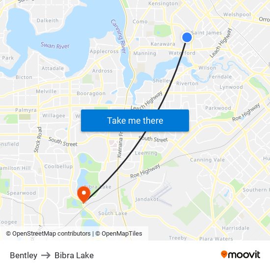 Bentley to Bibra Lake map