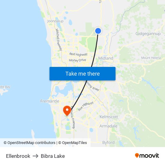 Ellenbrook to Bibra Lake map