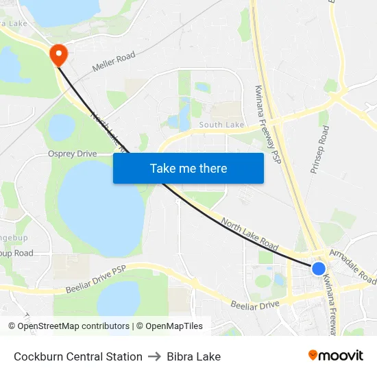 Cockburn Central Station to Bibra Lake map