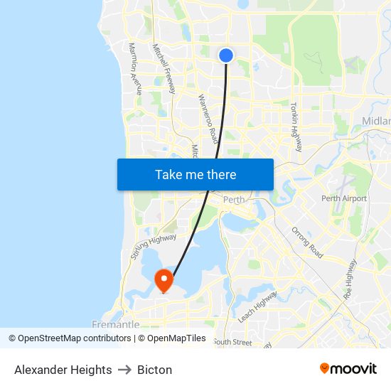 Alexander Heights to Bicton map