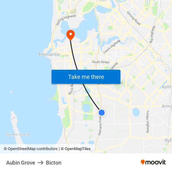 Aubin Grove to Bicton map