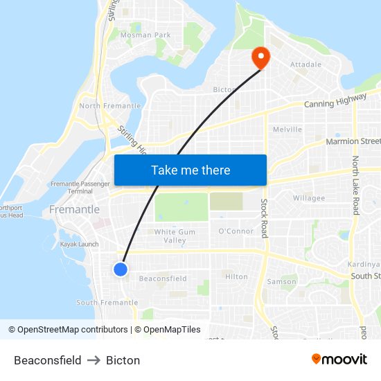 Beaconsfield to Bicton map