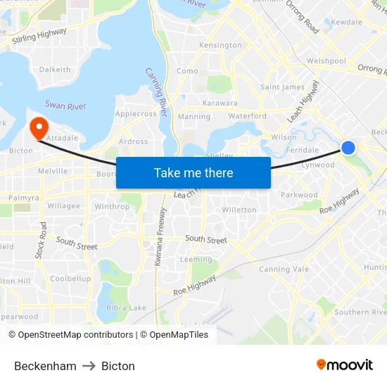 Beckenham to Bicton map