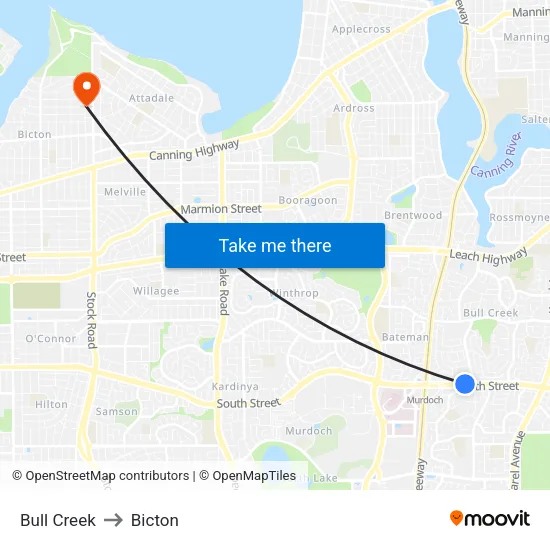 Bull Creek to Bicton map