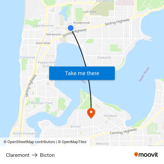 Claremont to Bicton map