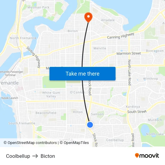 Coolbellup to Bicton map