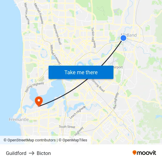 Guildford to Bicton map