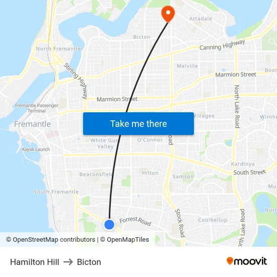 Hamilton Hill to Bicton map