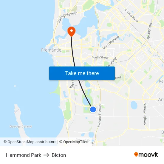 Hammond Park to Bicton map