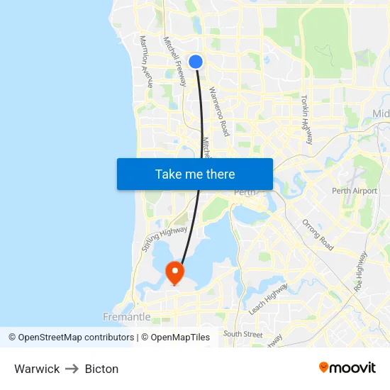 Warwick to Bicton map