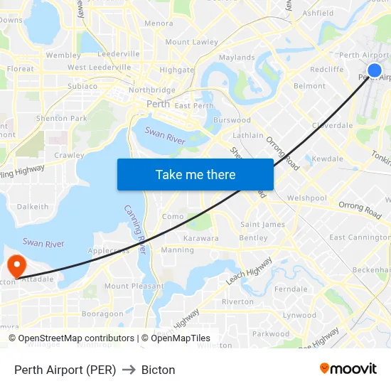 Perth Airport (PER) to Bicton map
