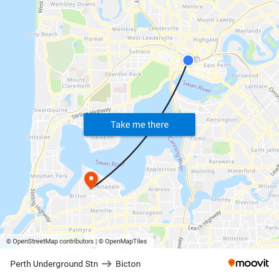 Perth Underground Stn to Bicton map