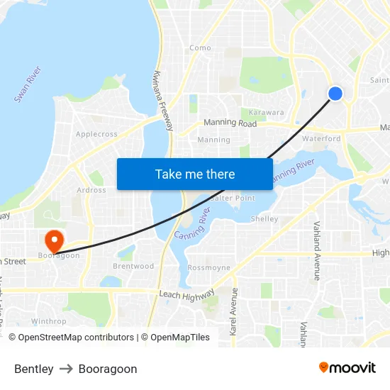 Bentley to Booragoon map