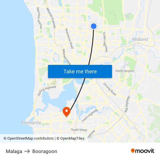 Malaga to Booragoon map