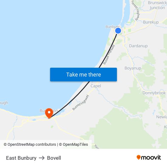 East Bunbury to Bovell map