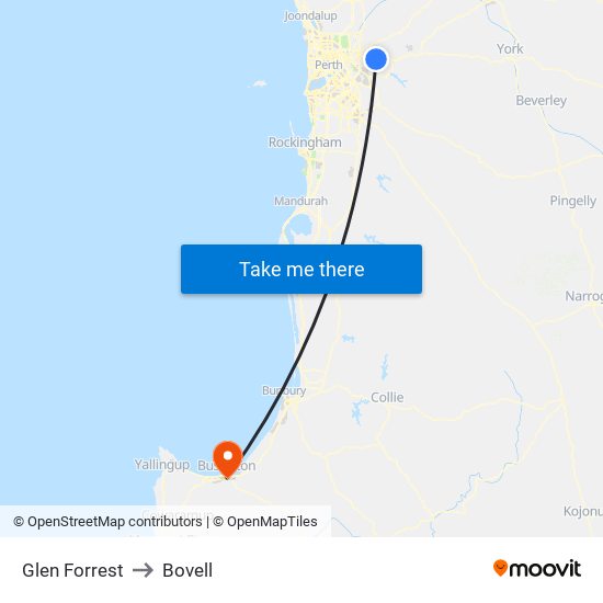 Glen Forrest to Bovell map