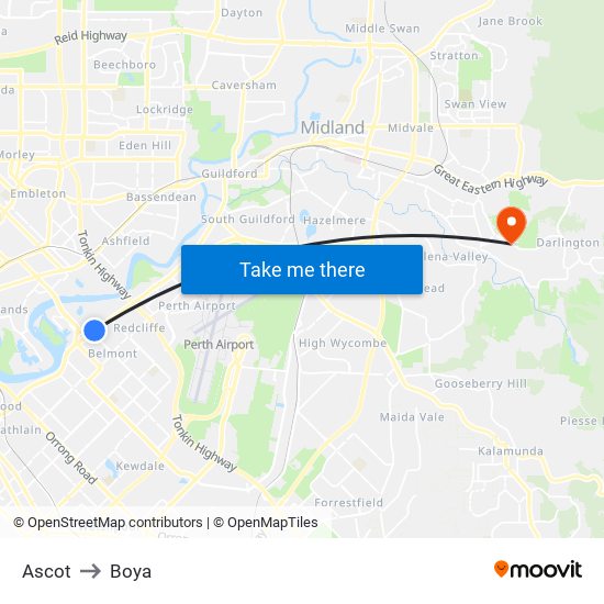 Ascot to Boya map