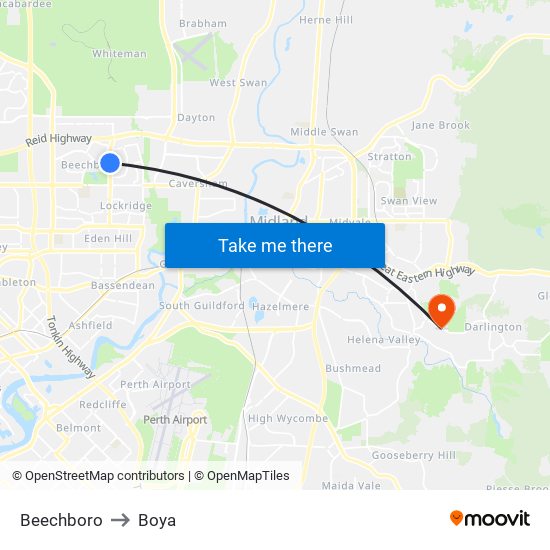 Beechboro to Boya map