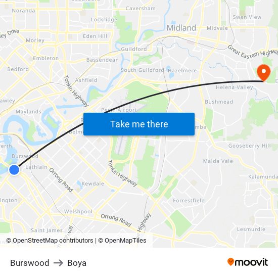 Burswood to Boya map