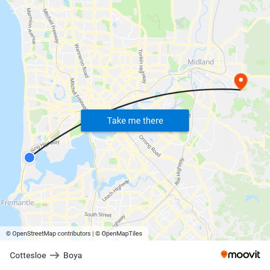 Cottesloe to Boya map