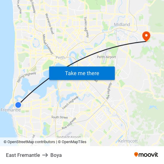 East Fremantle to Boya map