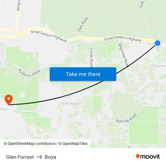 Glen Forrest to Boya map