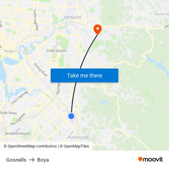 Gosnells to Boya map