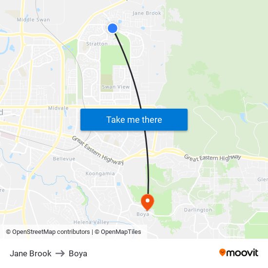 Jane Brook to Boya map