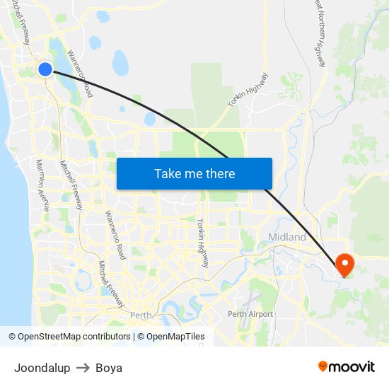 Joondalup to Boya map