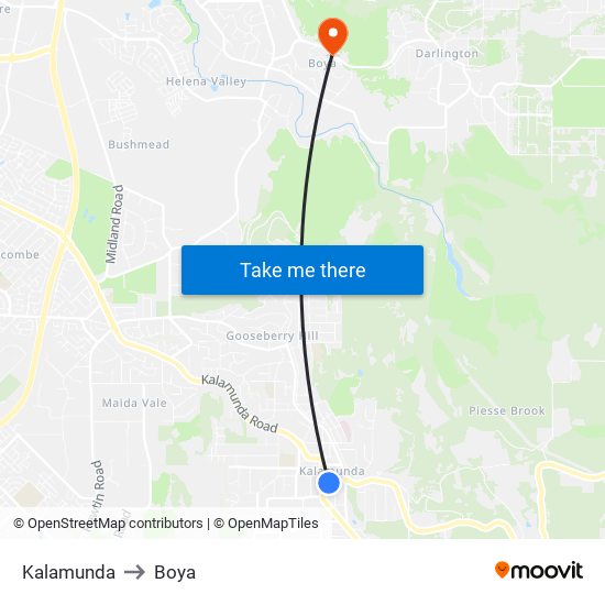 Kalamunda to Boya map