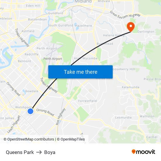 Queens Park to Boya map