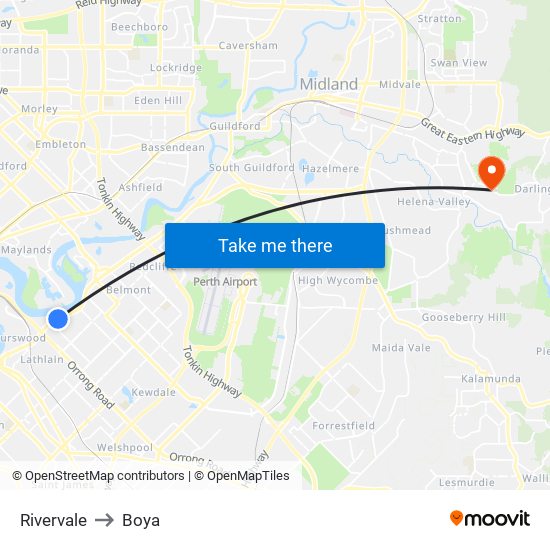 Rivervale to Boya map