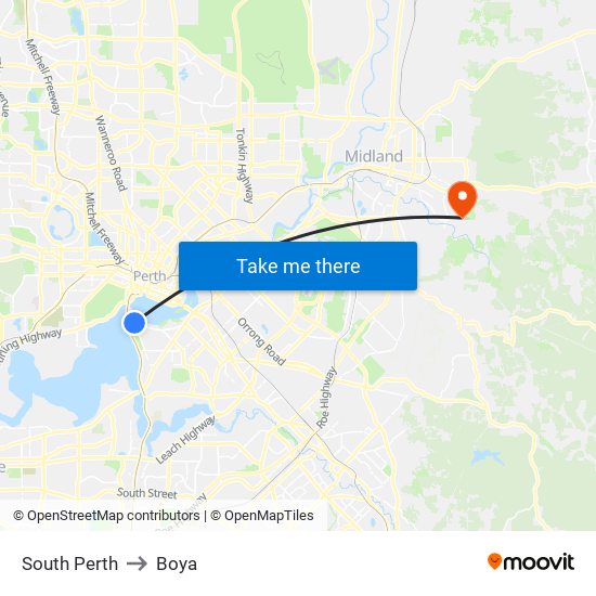 South Perth to Boya map