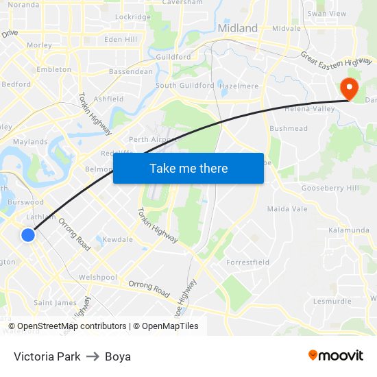 Victoria Park to Boya map