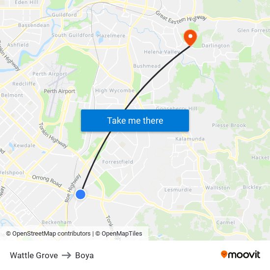 Wattle Grove to Boya map