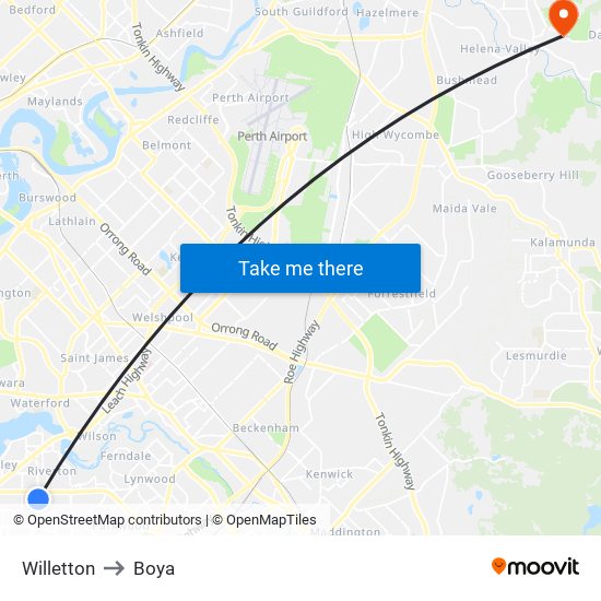 Willetton to Boya map